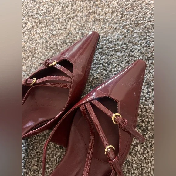 Miu Miu Burgundy Patent Leather Pointed Slingback Flats with Gold Buckles - Picture 3 of 7